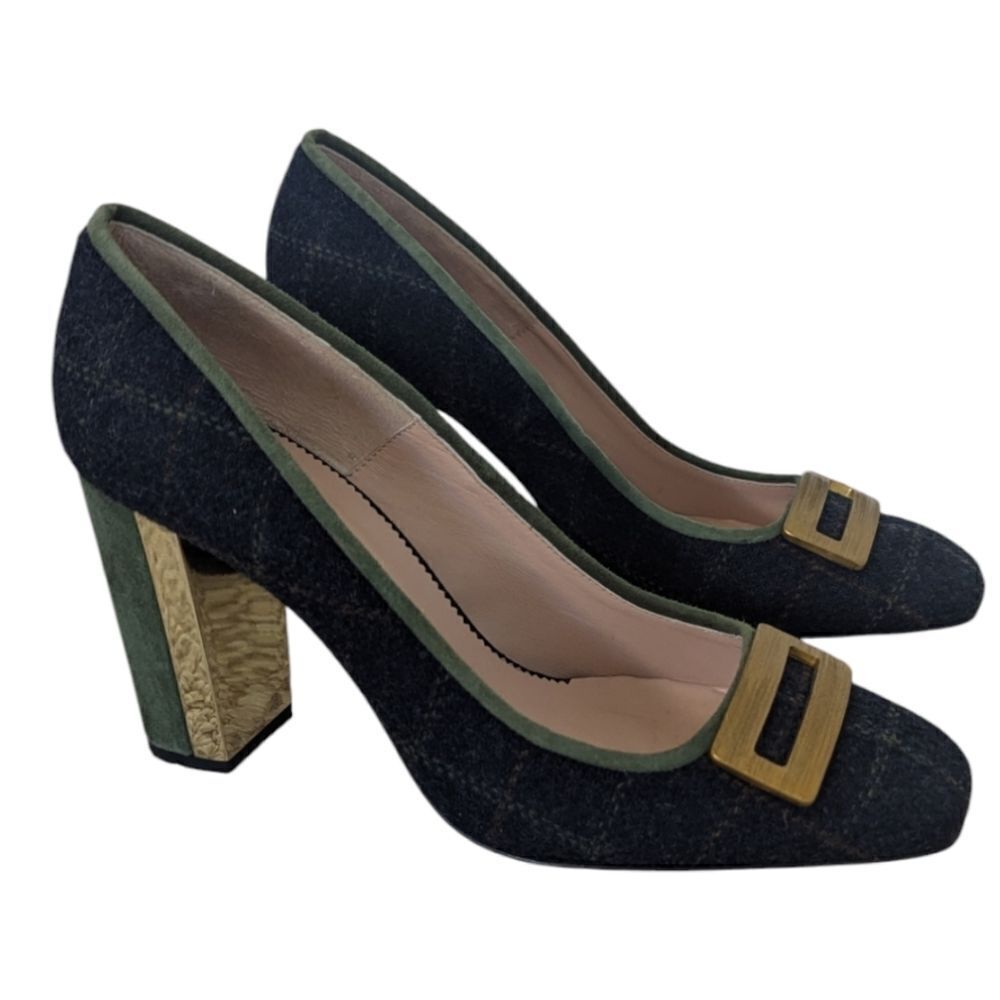 Hannibal Laguna Women's EU 40 Navy Wool Tartan Plaid Suede Pumps Square Toe